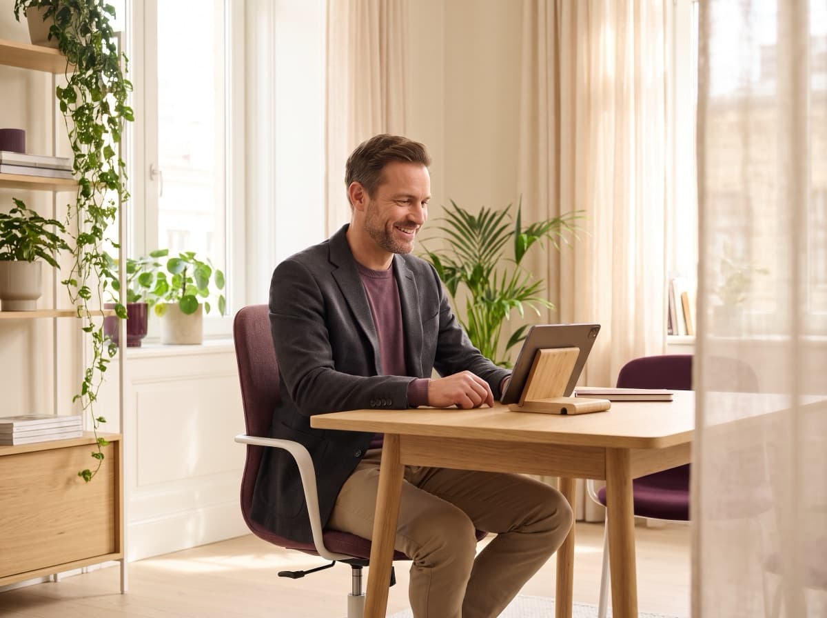 A professional checking his calendar on a tablet.