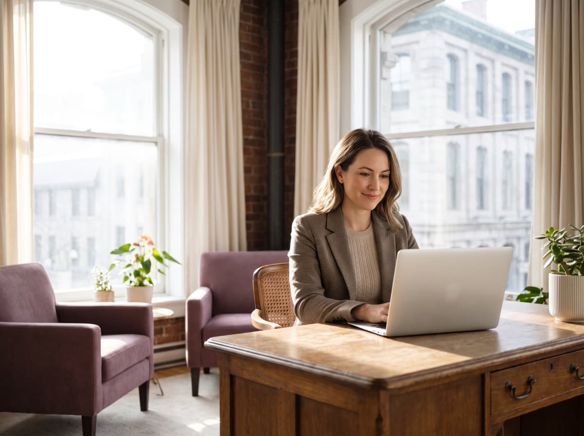 A professional reviewing her enquiries on a laptop in a Montreal office.