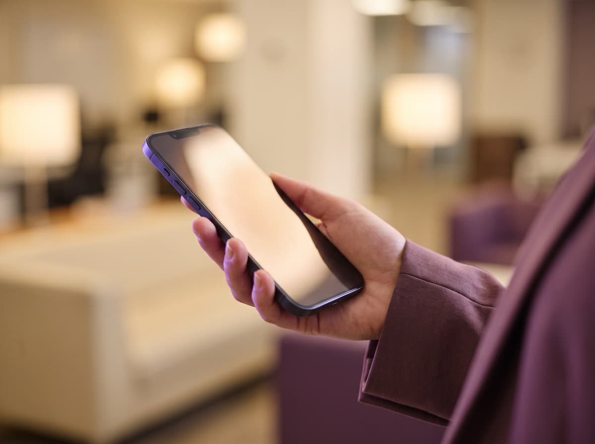 A hand holding a phone as the screen lights up.