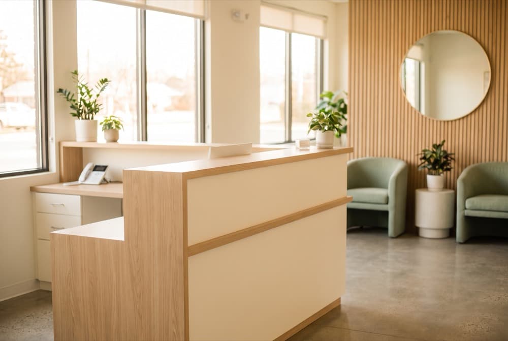 Bright reception area of a modern dental clinic.