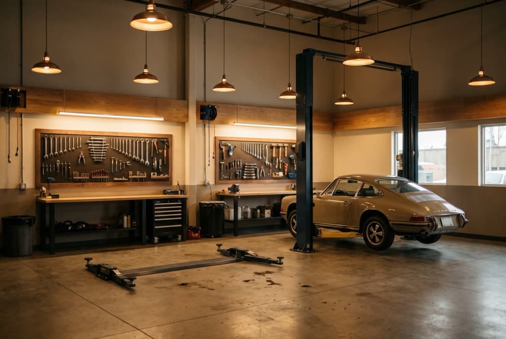 Service bay of a modern auto repair shop.