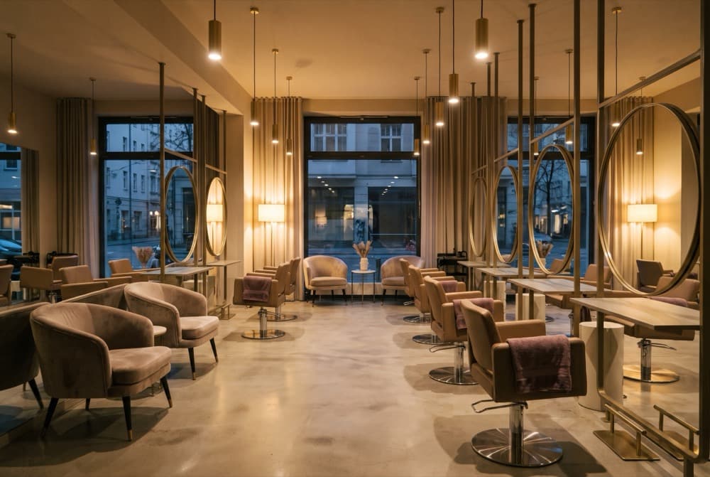 Interior of an upscale hair salon in the evening.